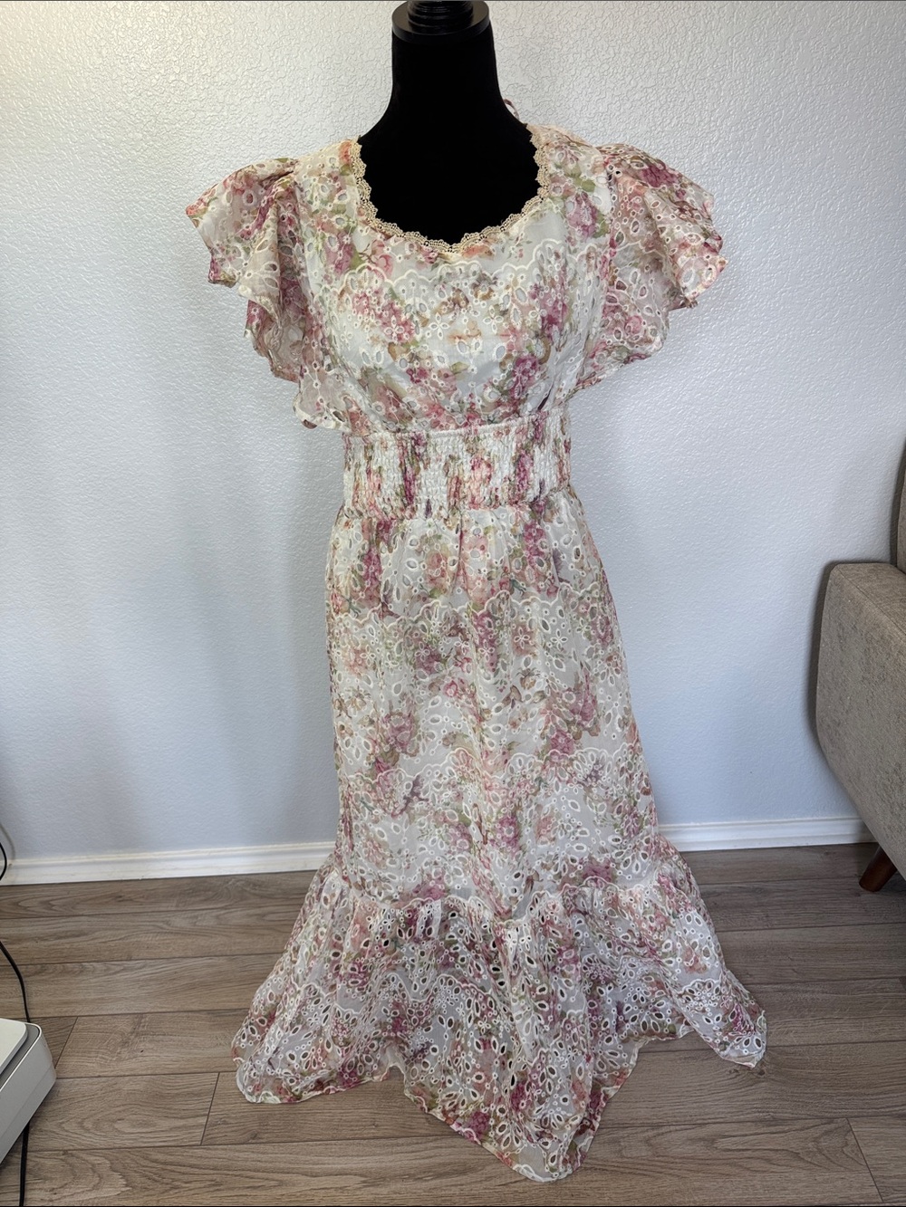 Backless Romantic Pastel Floral Dress – Smocked Waist - Cream & Dusty Rose